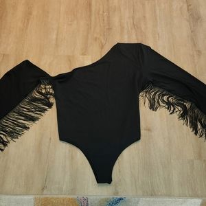 Black Cold Shoulder Fringe Arm Bodysuit